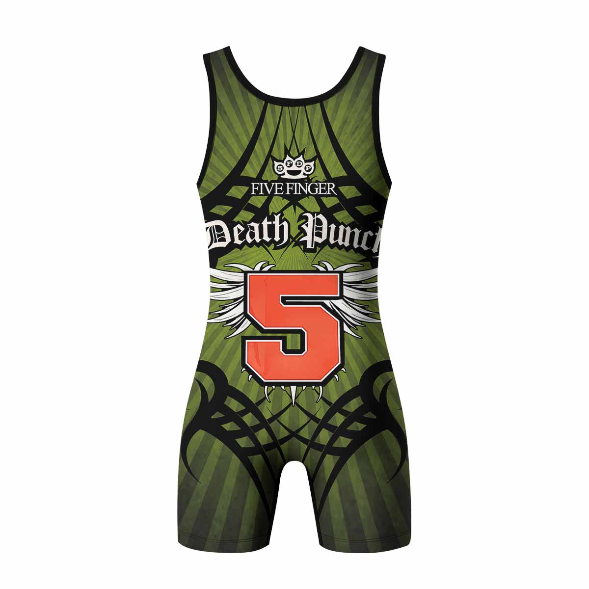 Five Finger Death Punch Green V Wrestling Singlet - back view mockup