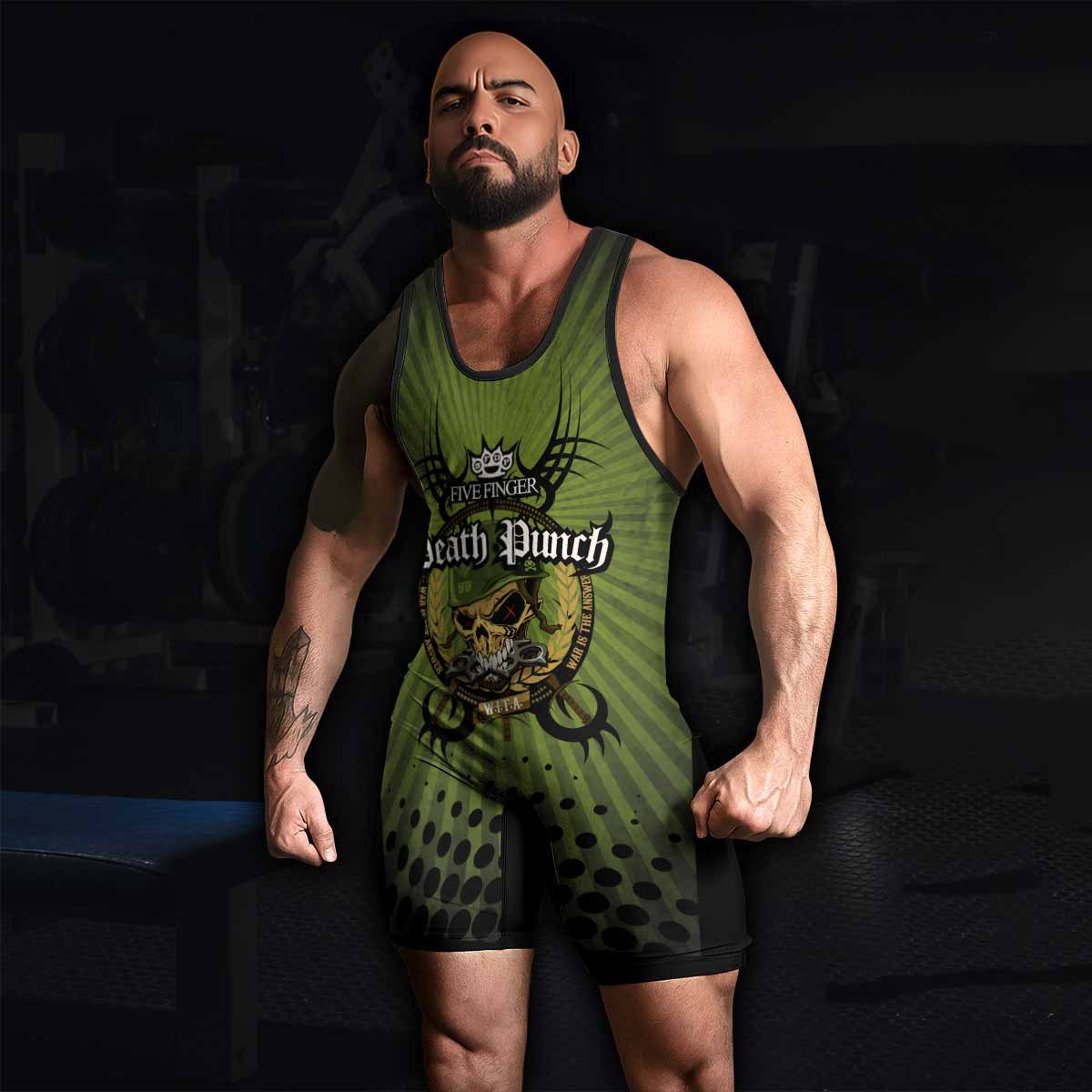 Five Finger Death Punch Green V Wrestling Singlet - men's lifestyle view