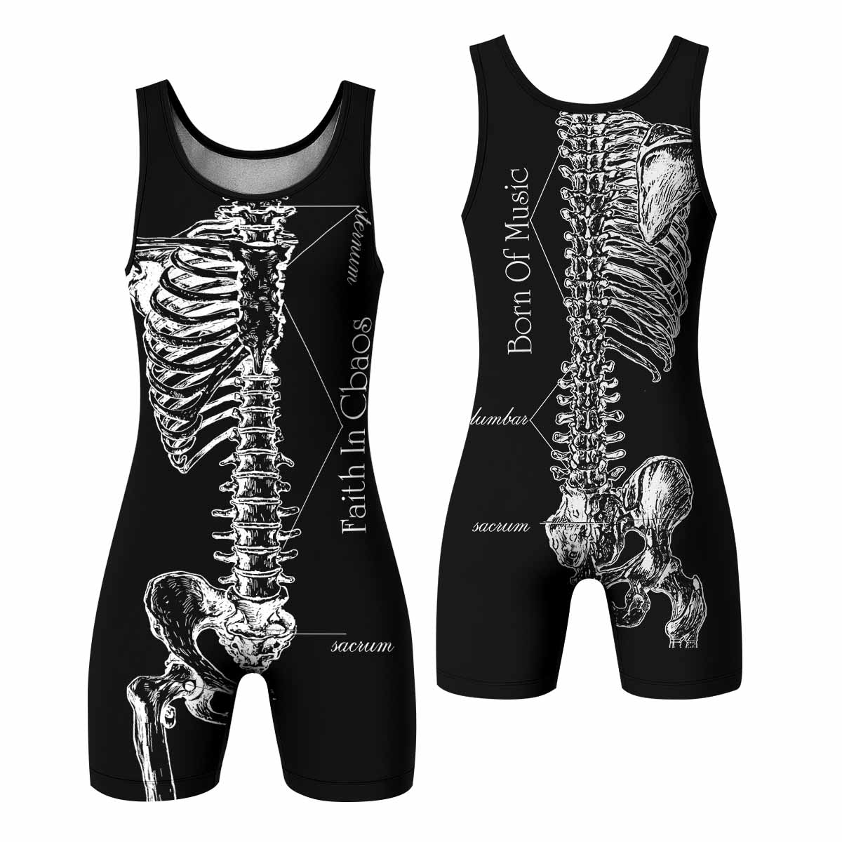 Faith In Chaos Skeleton Wrestling Singlet - front and back view