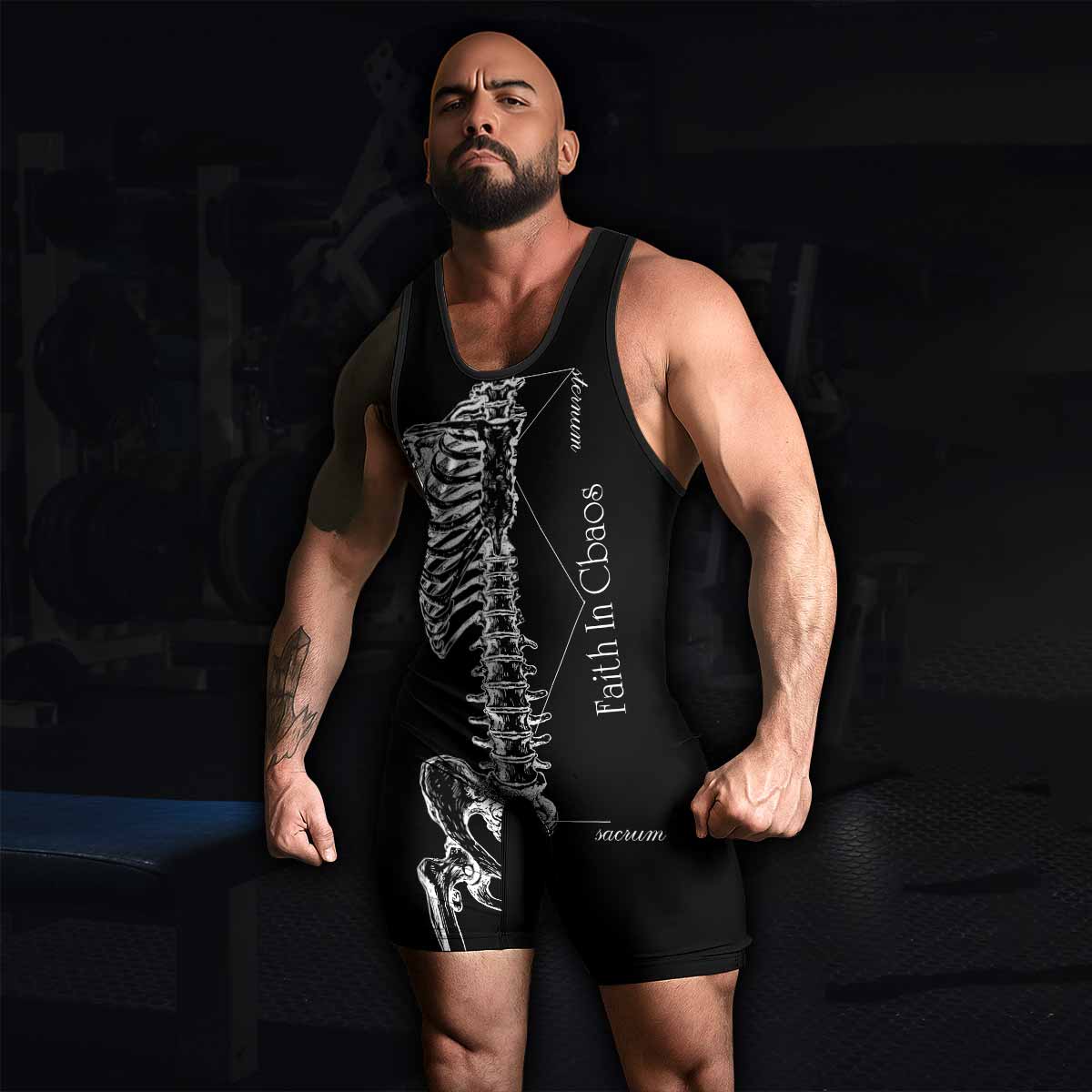 Faith In Chaos Skeleton Wrestling Singlet - men's lifestyle view