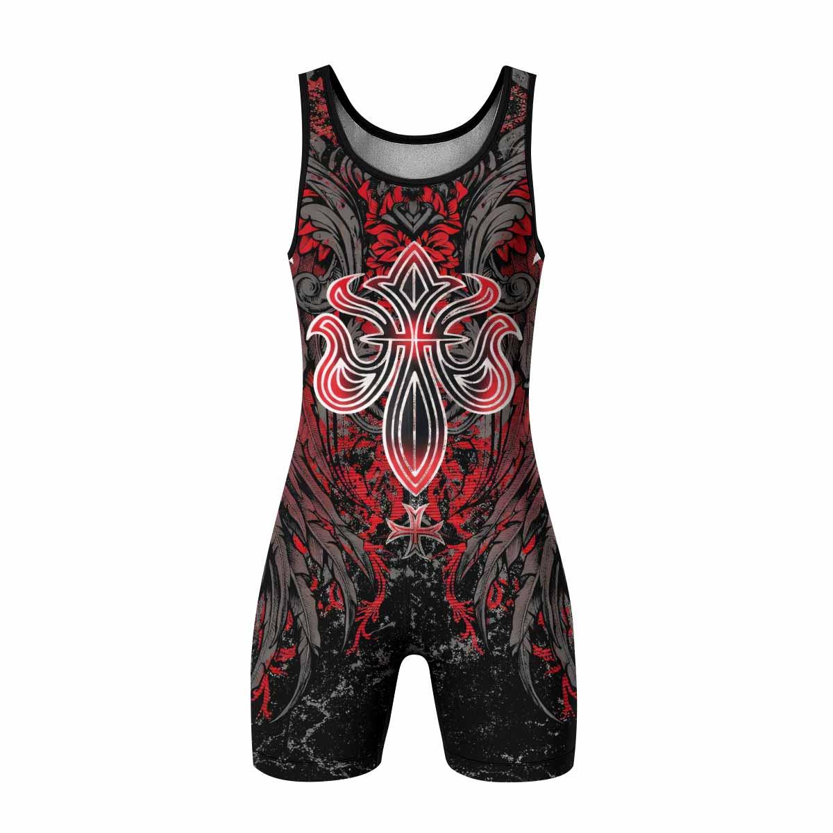 Crimson Faith Cross Wrestling Singlet - front view mockup