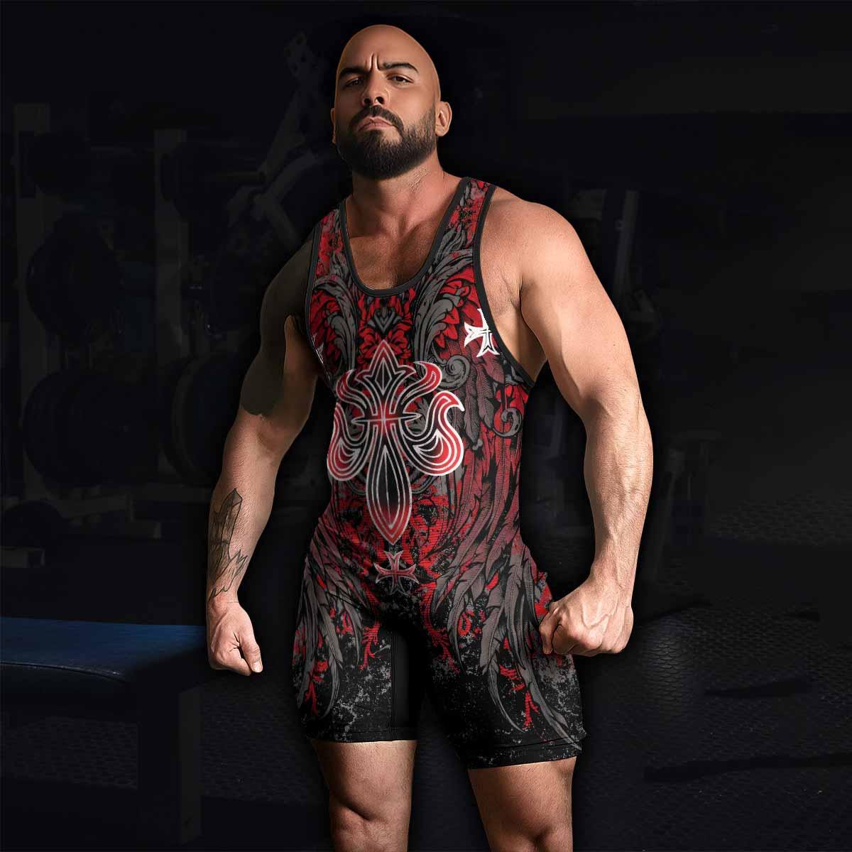 Crimson Faith Cross Wrestling Singlet - men's lifestyle view