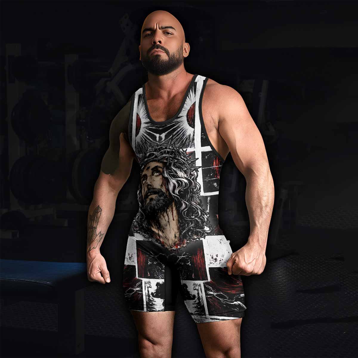 Man of Sorrows Wrestling Singlet - men's lifestyle view
