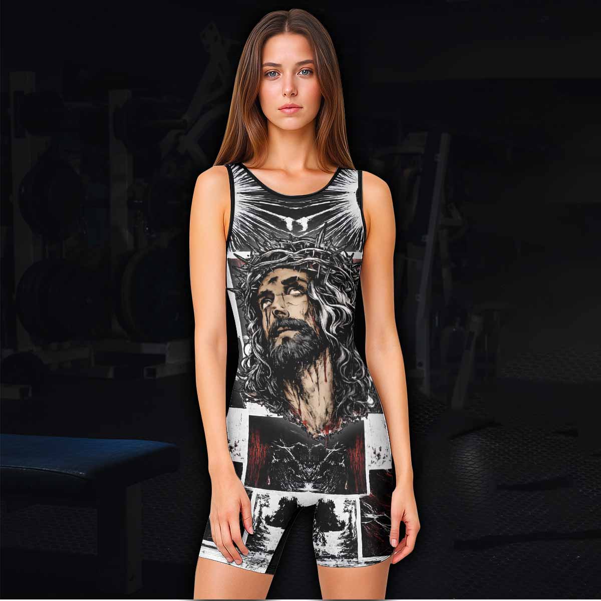 Man of Sorrows Wrestling Singlet - women's lifestyle view