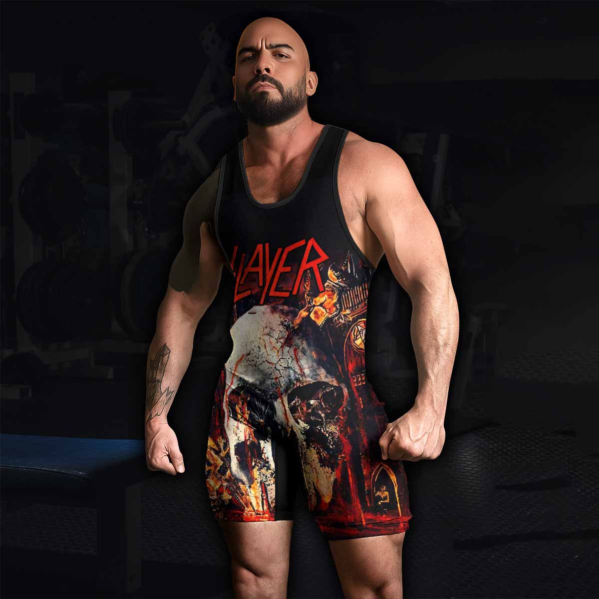Slayer South Of Heaven Wrestling Singlet - men's lifestyle view