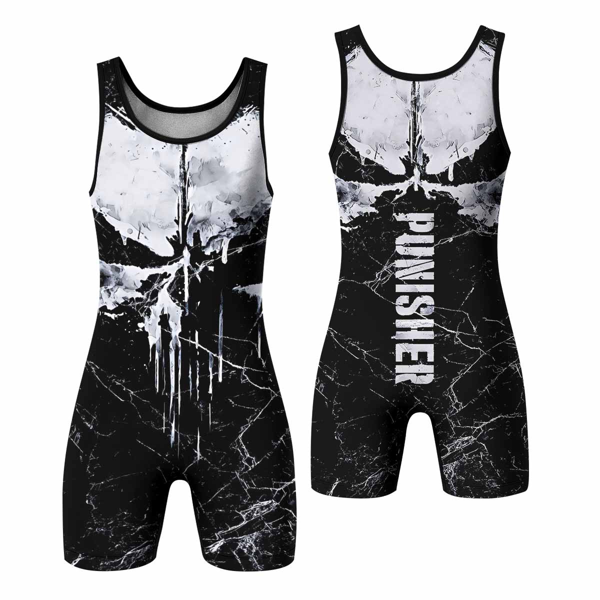Punisher War Skull Wrestling Singlet - front and back view