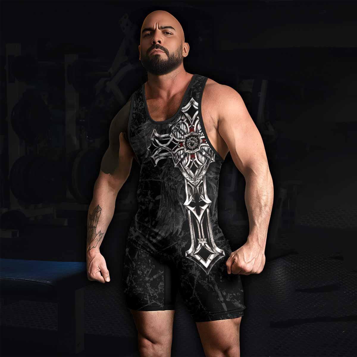 Crown of Thorns Cross Wrestling Singlet - men's lifestyle view