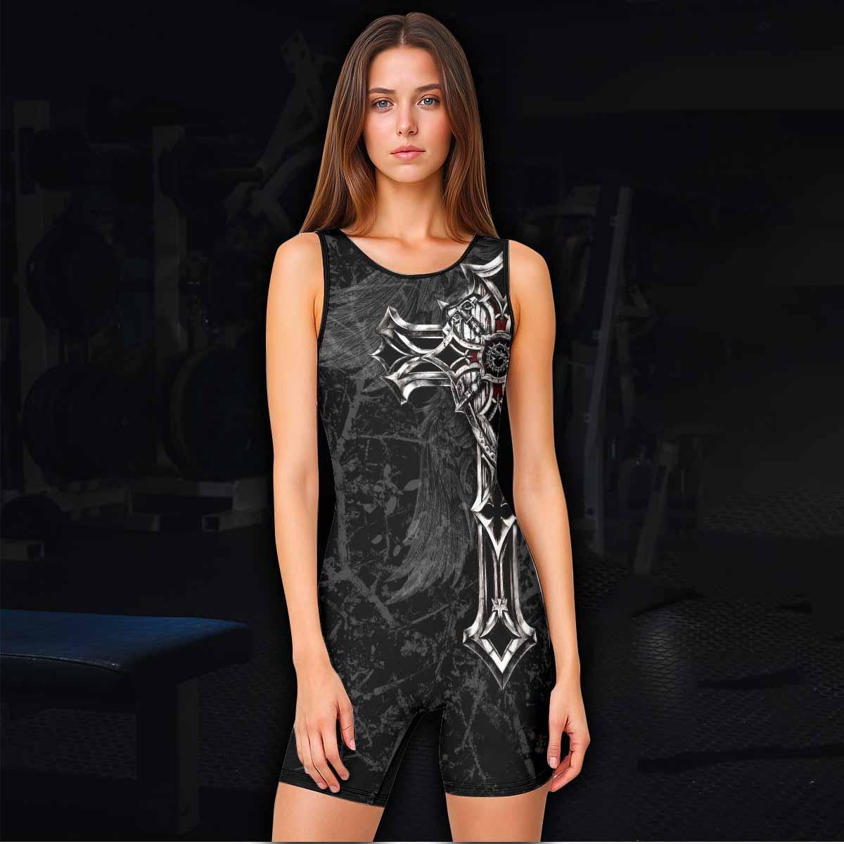 Crown of Thorns Cross Wrestling Singlet - women's lifestyle view