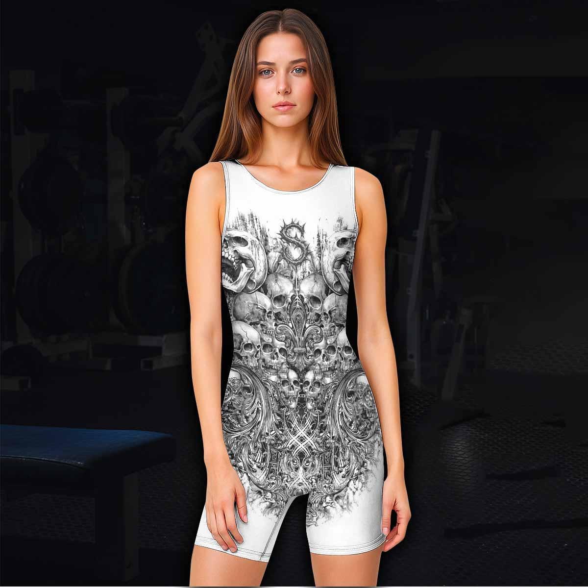 Memento Mori Skull Wrestling Singlet - women's lifestyle view