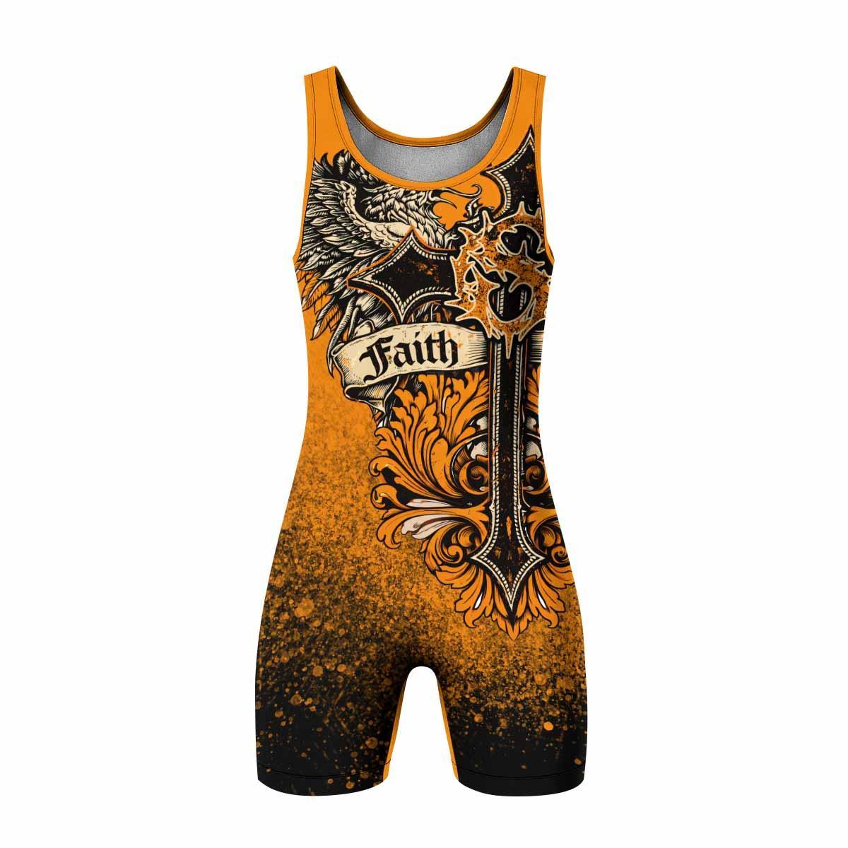 Faith Over Fear Crown Cross Wrestling Singlet - front view mockup