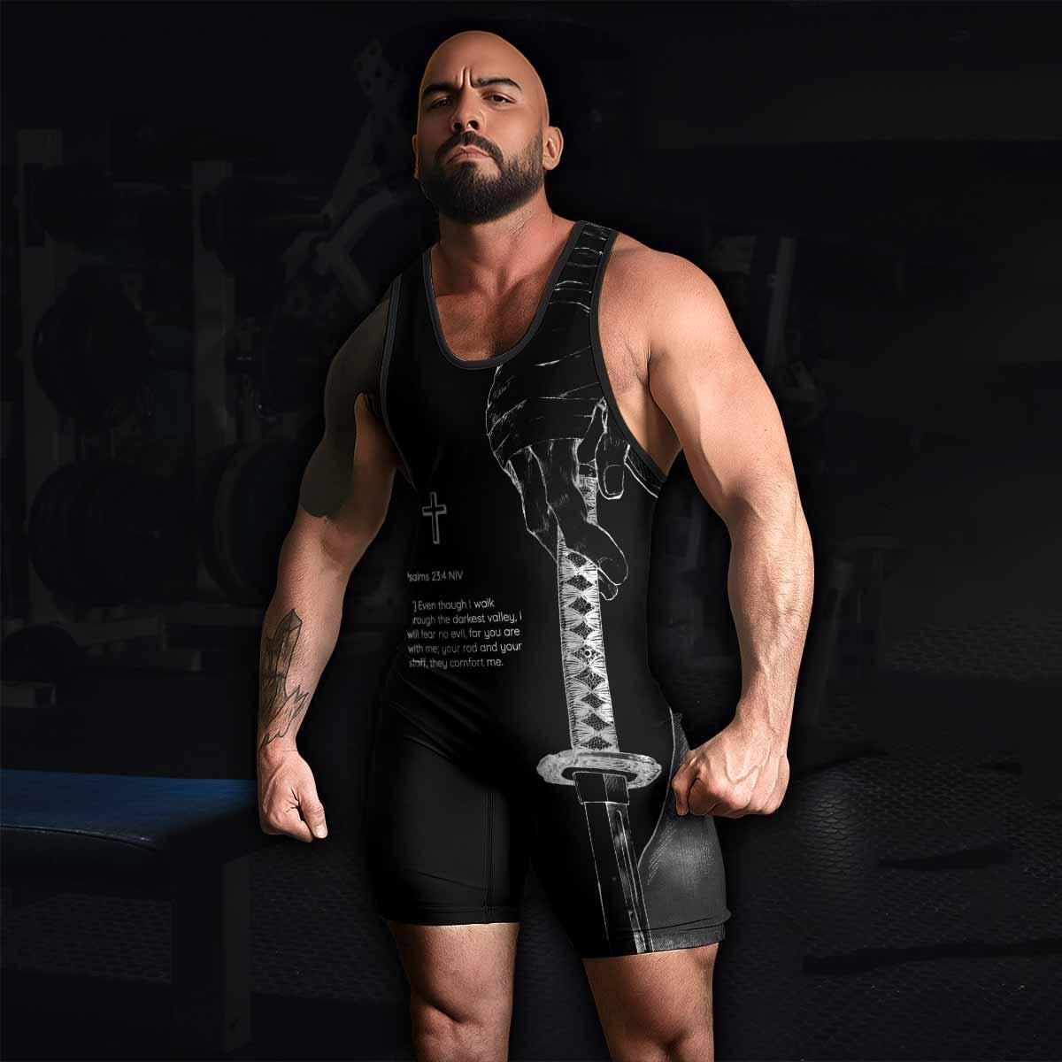 Psalms 23:4 NIV Wrestling Singlet - men's lifestyle view