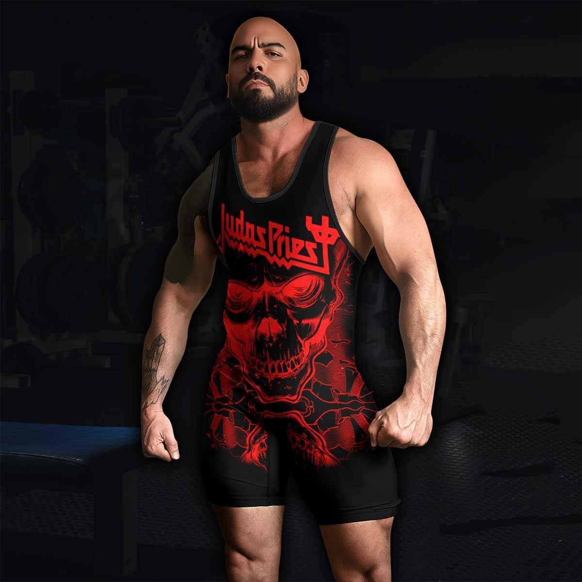 Judas Priest Skull Wrestling Singlet - men's lifestyle view