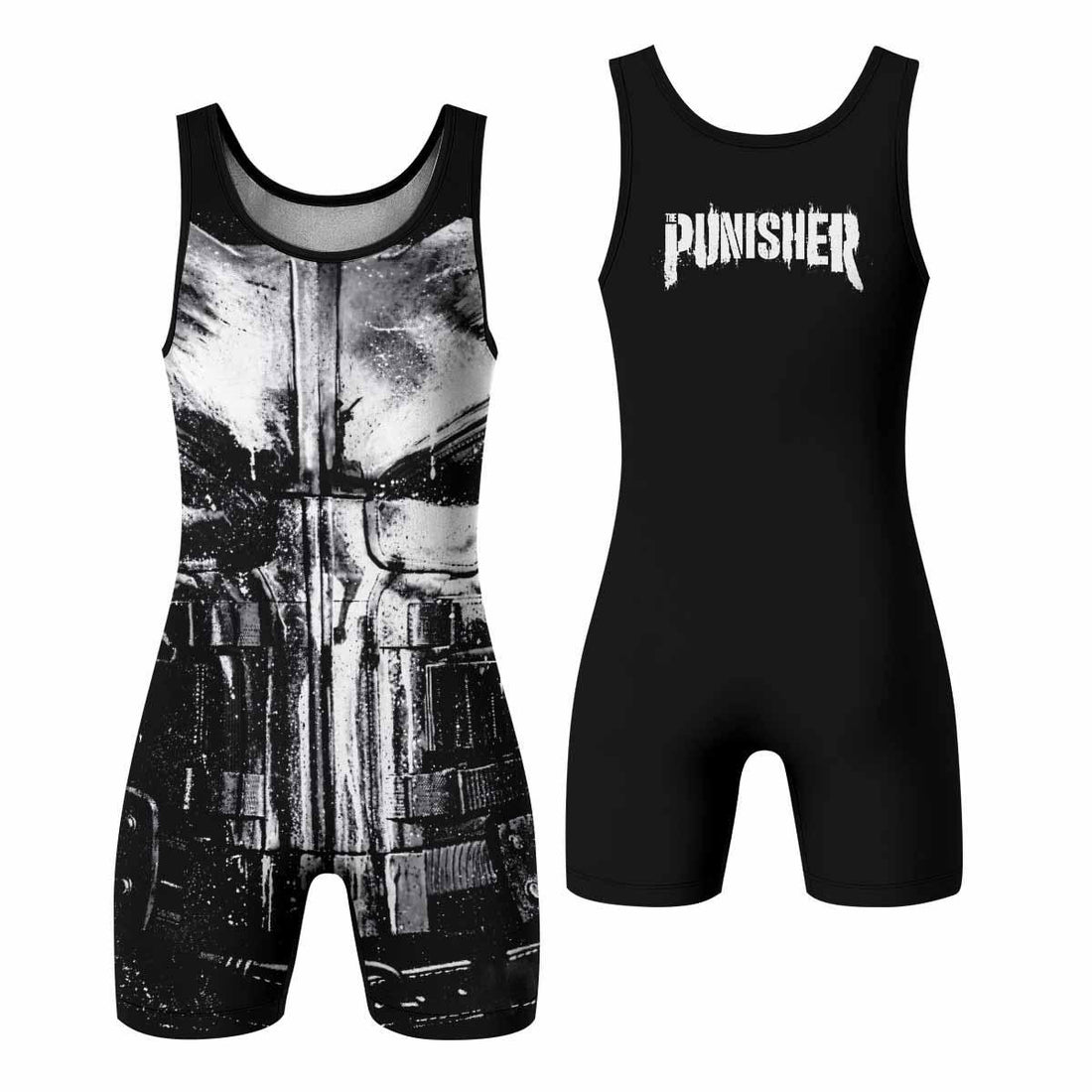 The Punisher War Mask Wrestling Singlet - front and back view