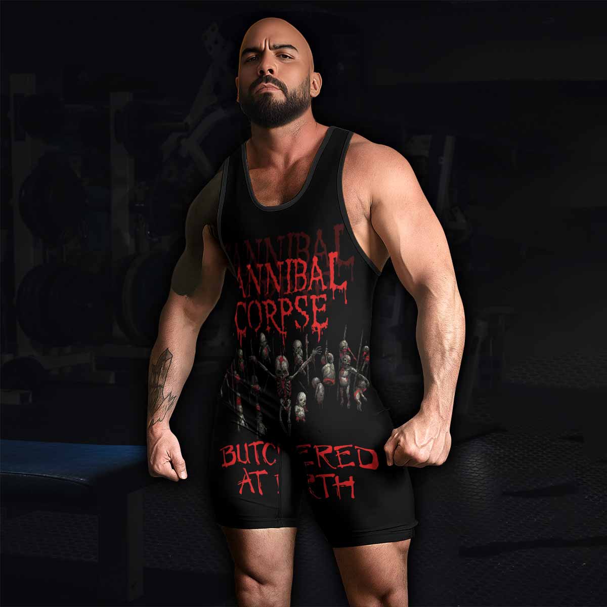 Cannibal Corpse Butchered at Birth Wrestling Singlet - men's lifestyle view