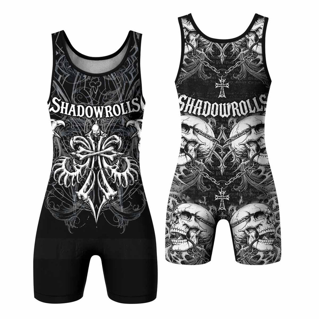 Shadowrolls Skull Cross Wrestling Singlet - front and back view