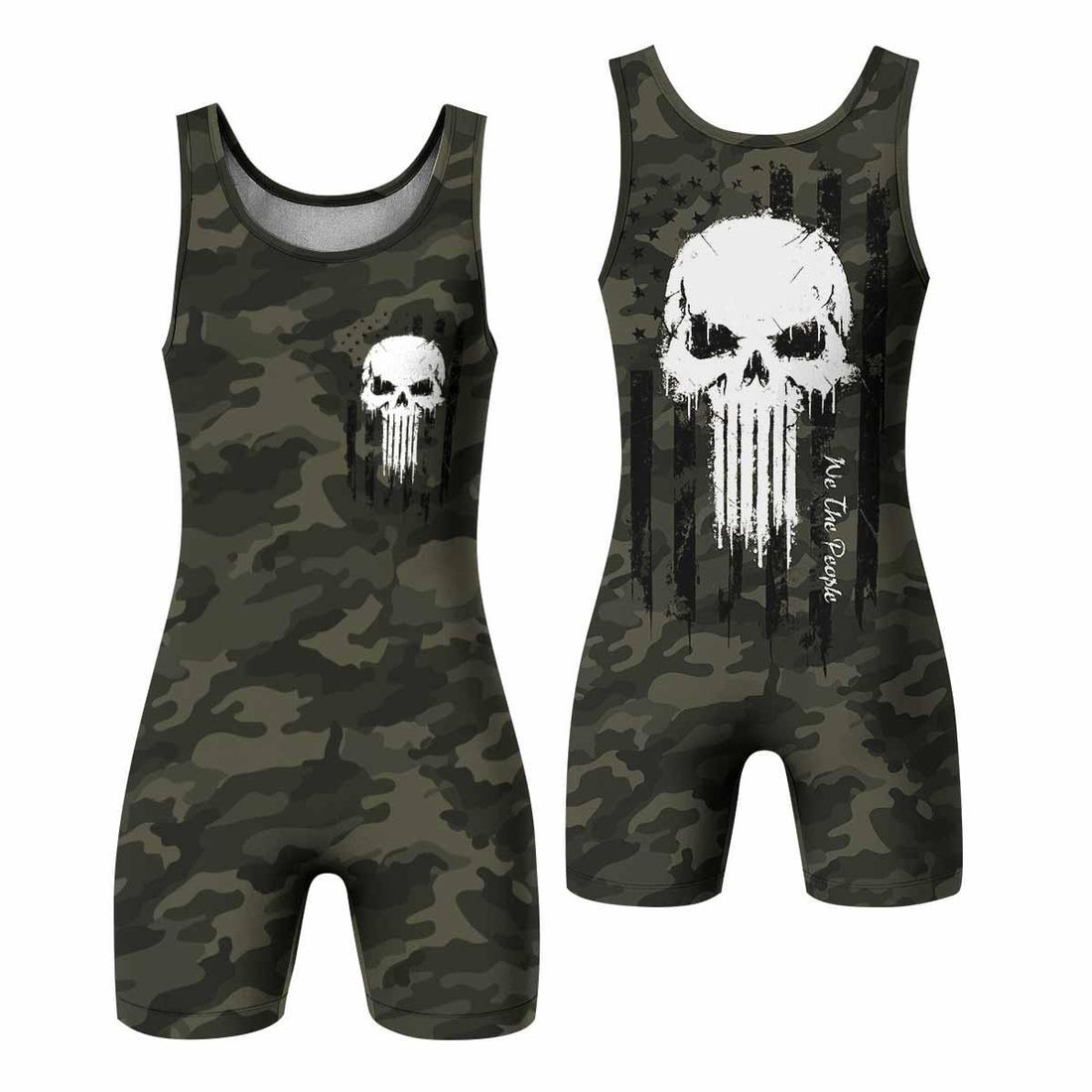 The Punisher Skull We The People Wrestling Singlet - front and back view