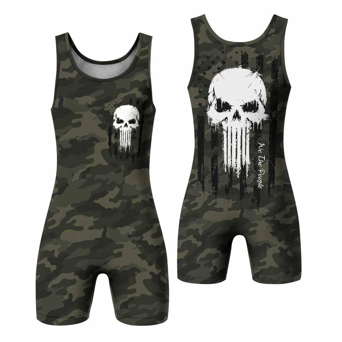The Punisher Skull We The People Wrestling Singlet - front and back view