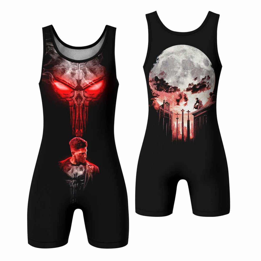The Punisher Skull Frank Castle Wrestling Singlet - front and back view