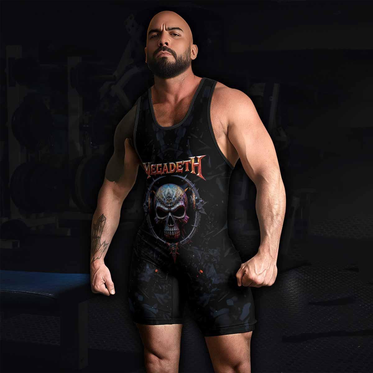Megadeth Vic Rattlehead Wrestling Singlet - men's lifestyle view