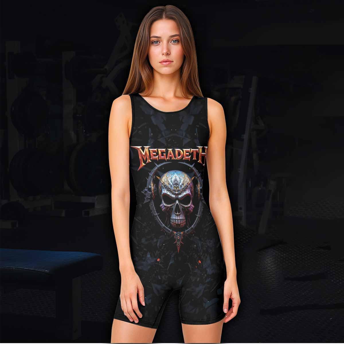 Megadeth Vic Rattlehead Wrestling Singlet - women's lifestyle view
