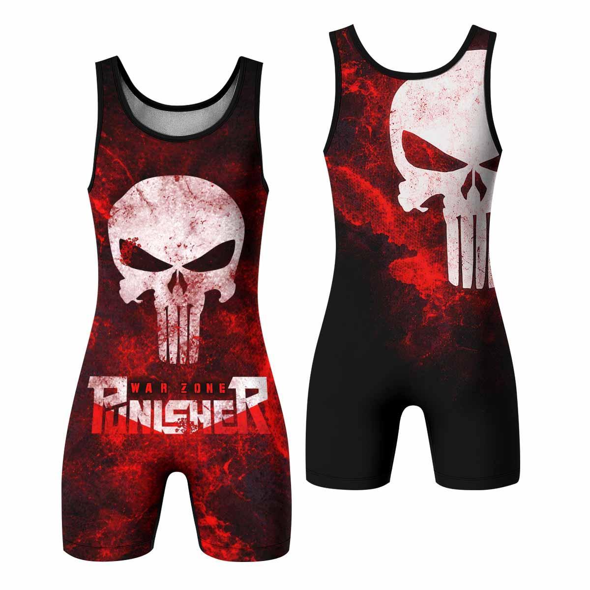 Punisher War Zone Wrestling Singlet - front and back view
