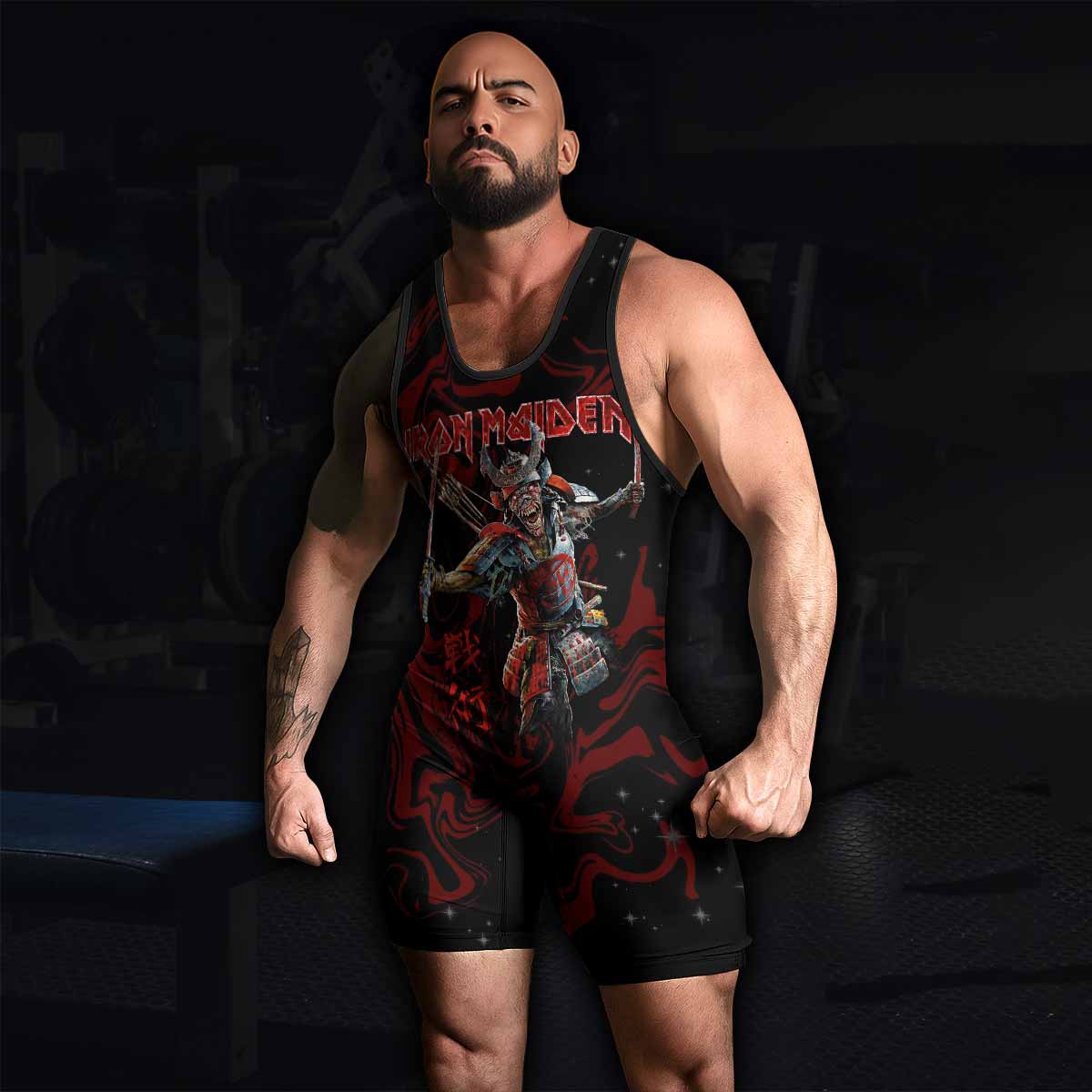 Iron Maiden Senjutsu Samurai Eddie Wrestling Singlet - men's lifestyle view