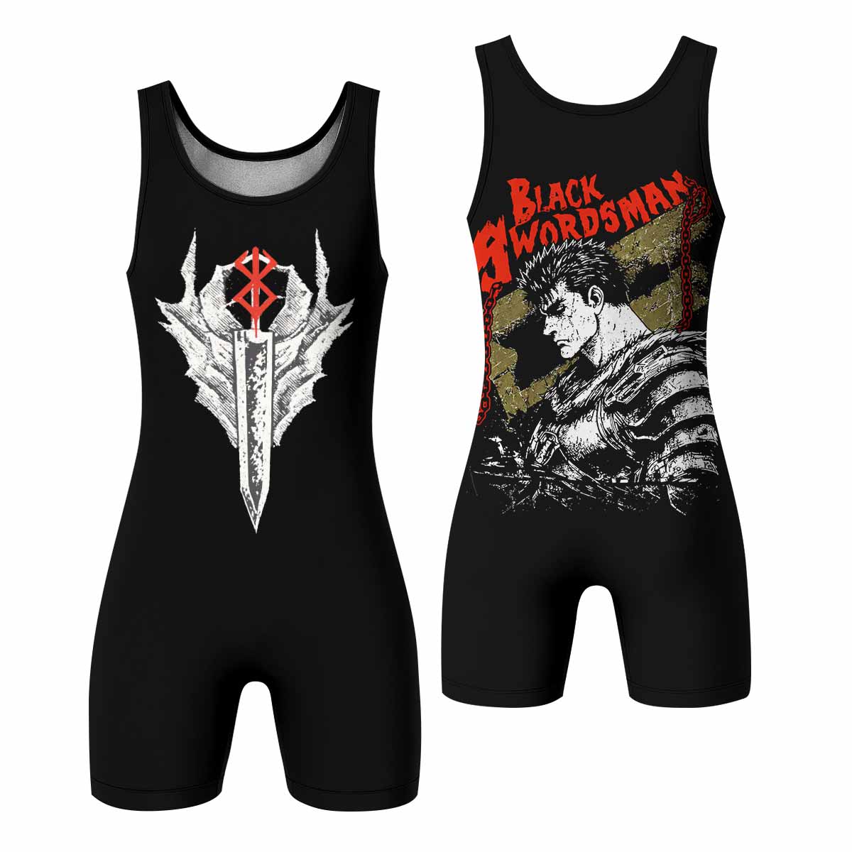 Berserk Black Swordsman Guts Wrestling Singlet - front and back view