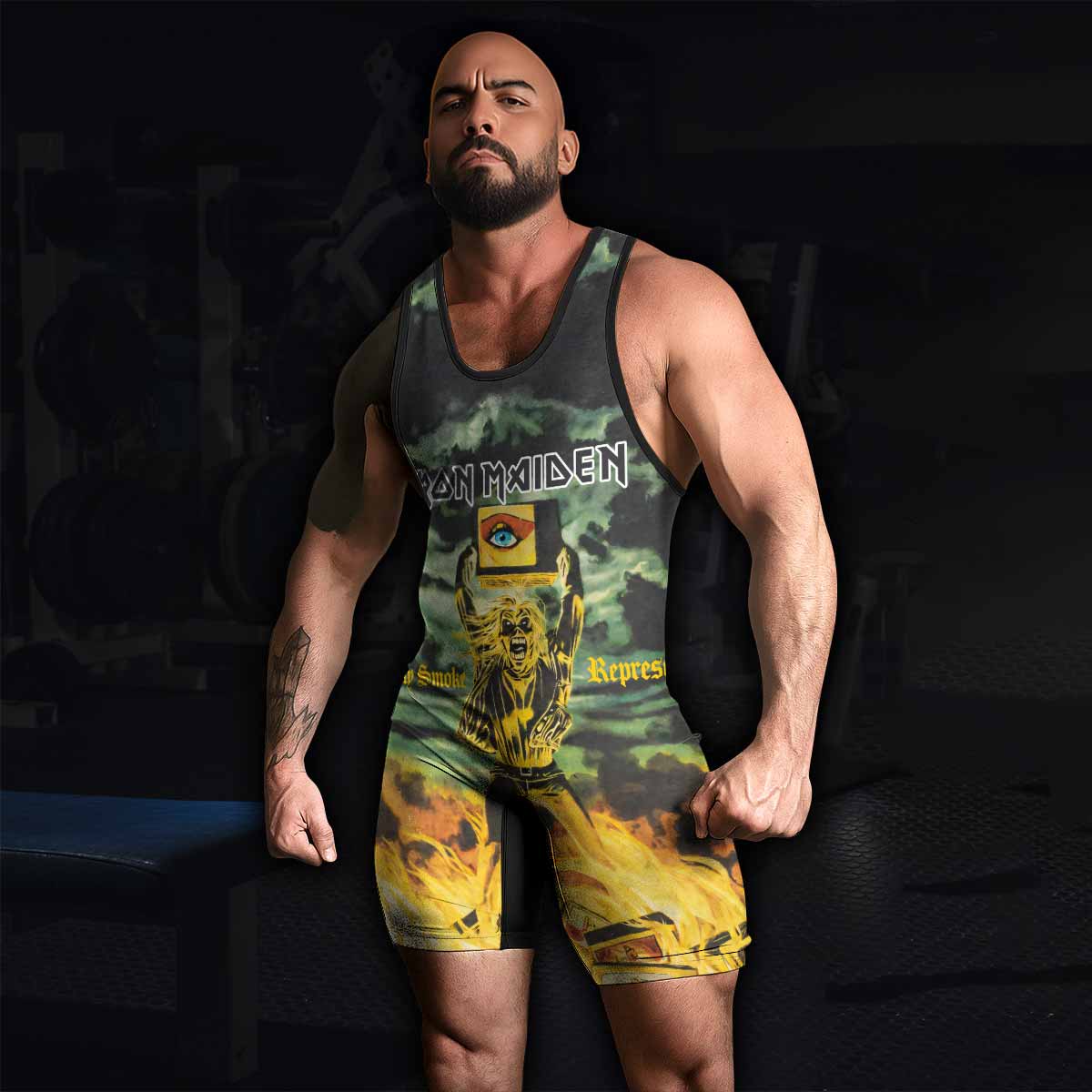 Iron Maiden Holy Smoke Wrestling Singlet - men's lifestyle view