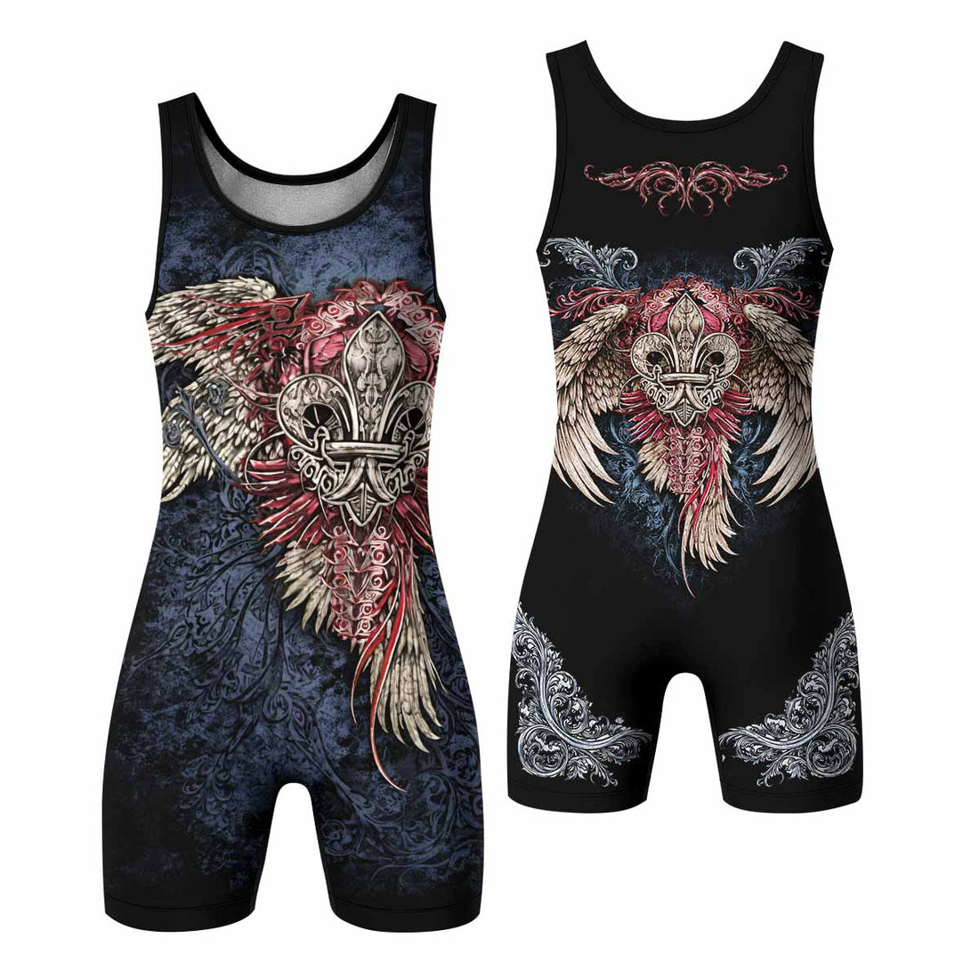 Metallic Embossed Angel Wrestling Singlet - front and back view