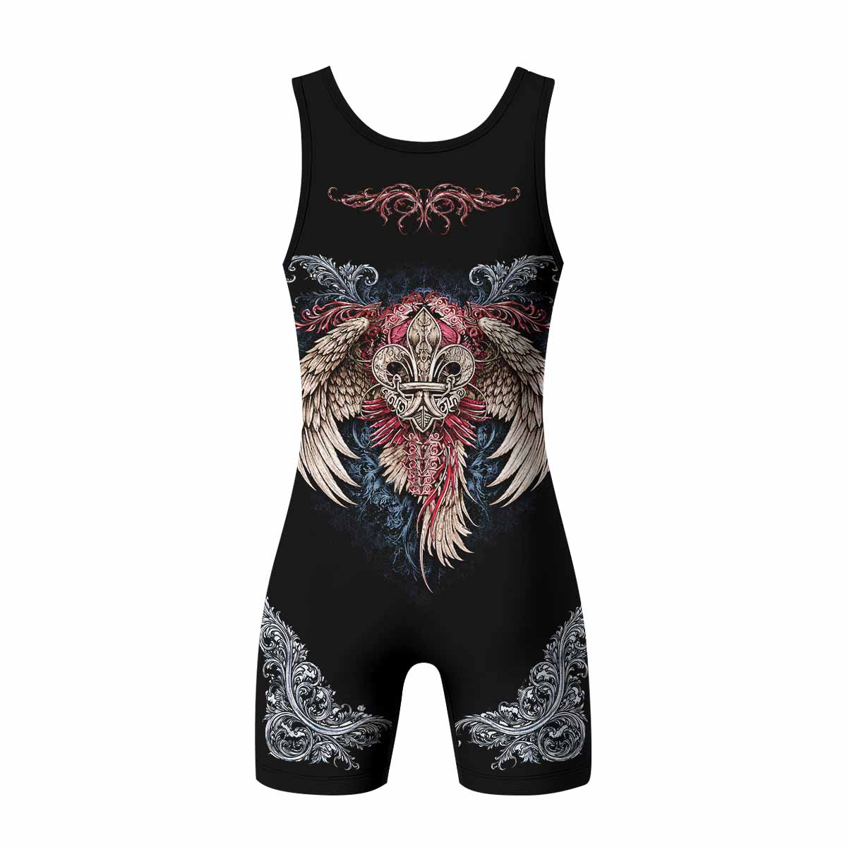 Metallic Embossed Angel Wrestling Singlet - back view mockup