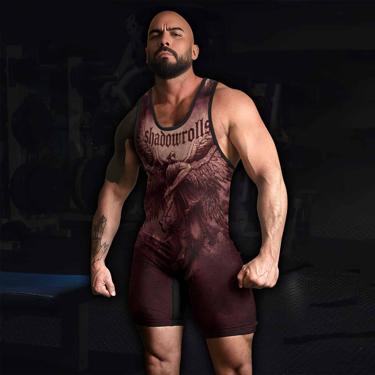 Bones of Grace Dark Angel Wrestling Singlet - men's lifestyle view