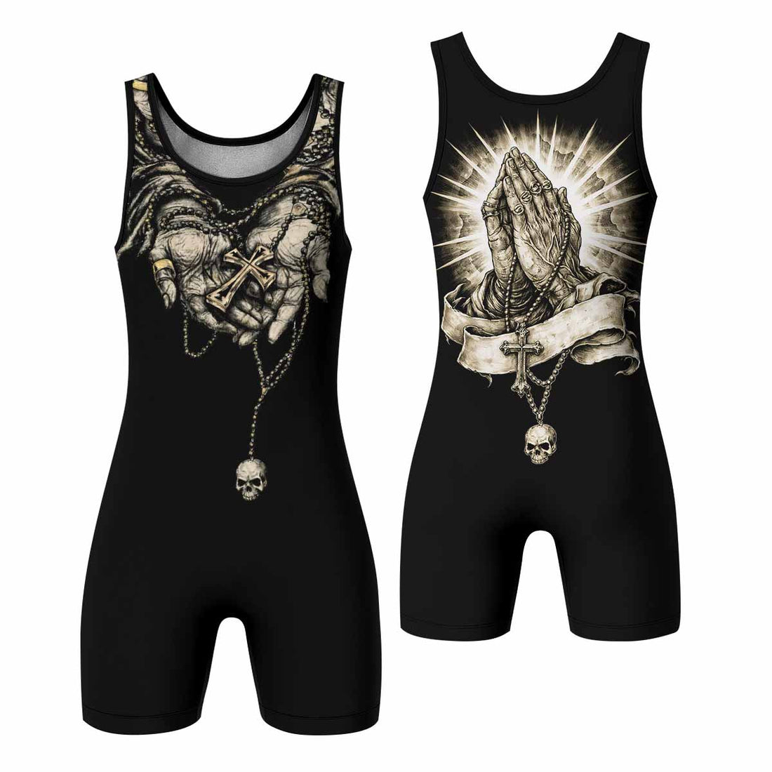 Praying Hands Skull Wrestling Singlet - front and back view