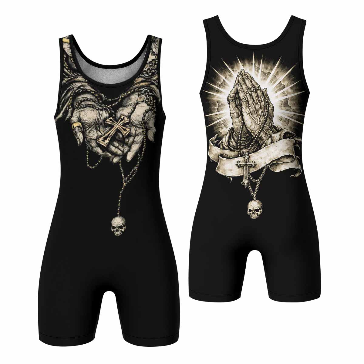 Praying Hands Skull Wrestling Singlet - front and back view