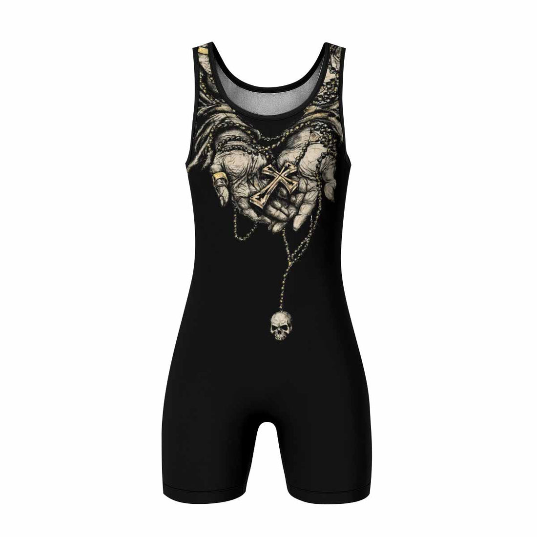 Praying Hands Skull Wrestling Singlet - front and back view