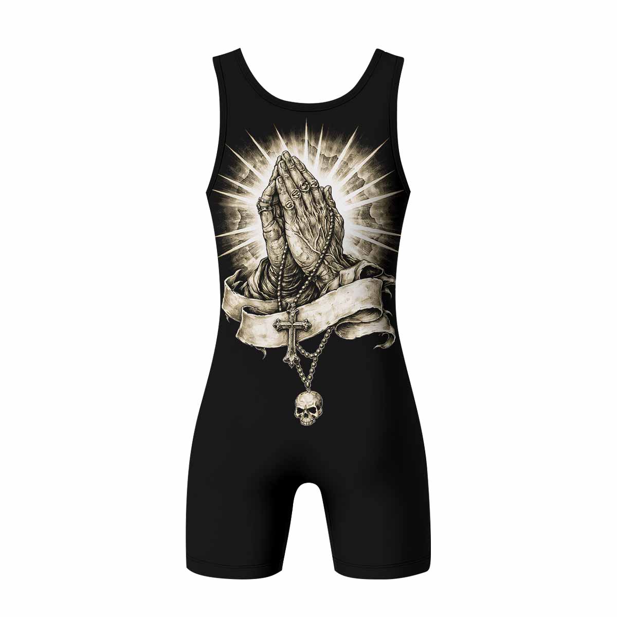 Praying Hands Skull Wrestling Singlet - back view mockup