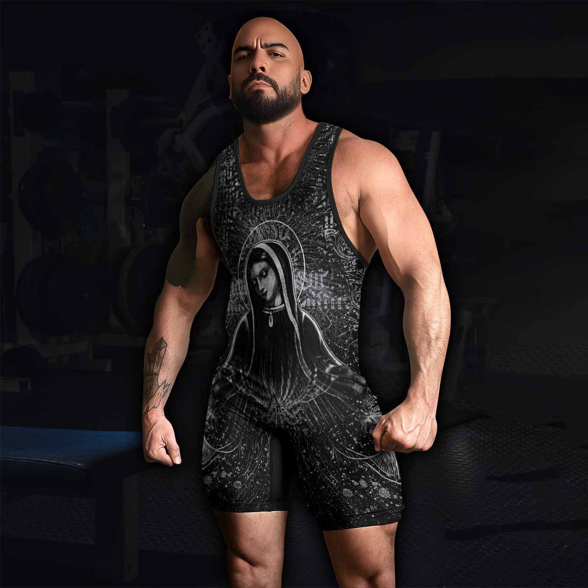 Virgin Mary Wrestling Singlet - men's lifestyle view