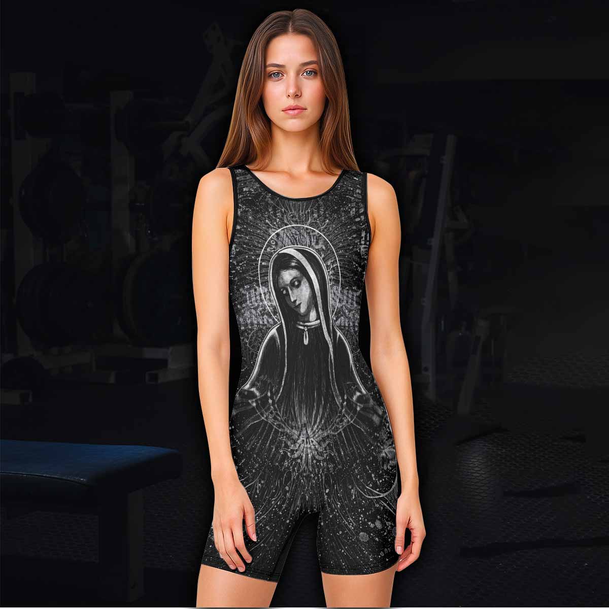 Virgin Mary Wrestling Singlet - women's lifestyle view