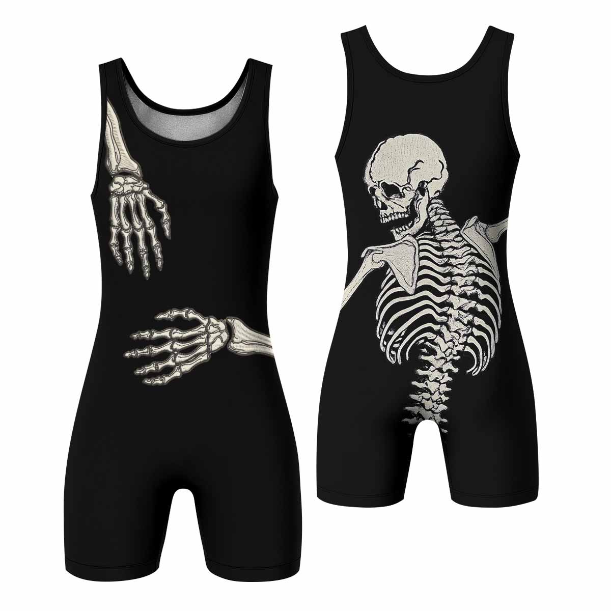 Bare Bones Skeleton Wrestling Singlet - front and back view
