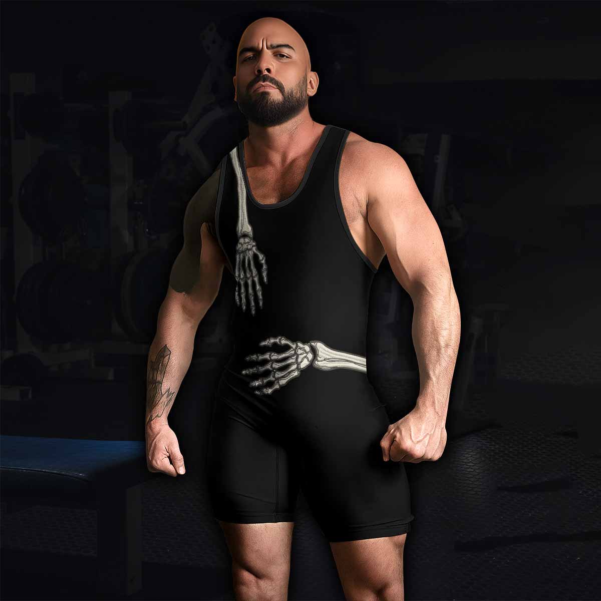 Bare Bones Skeleton Wrestling Singlet - men's lifestyle view
