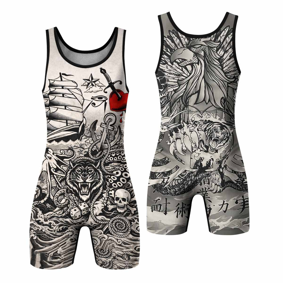 Savage Ocean Irezumi Wrestling Singlet - front and back view