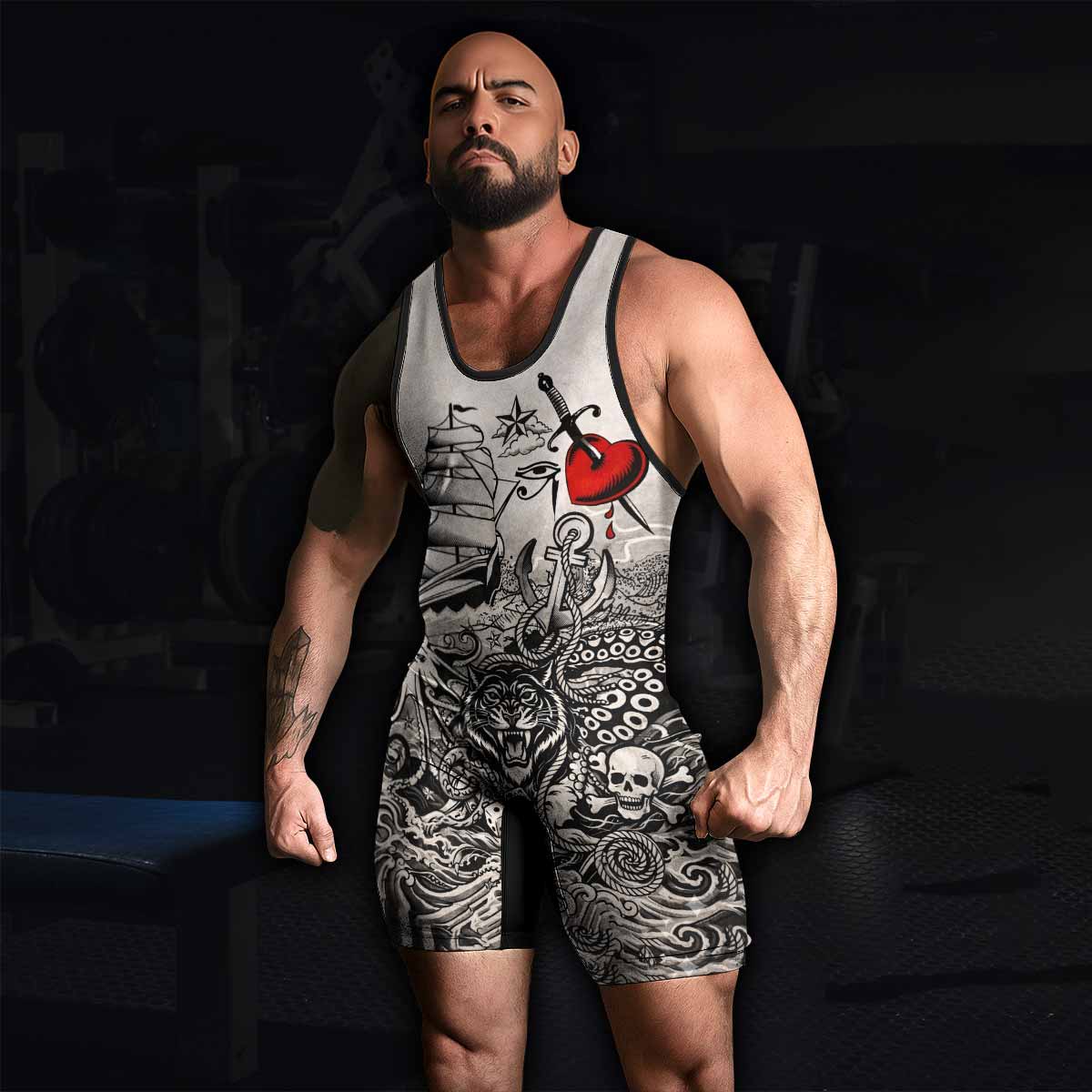 Savage Ocean Irezumi Wrestling Singlet - men's lifestyle view