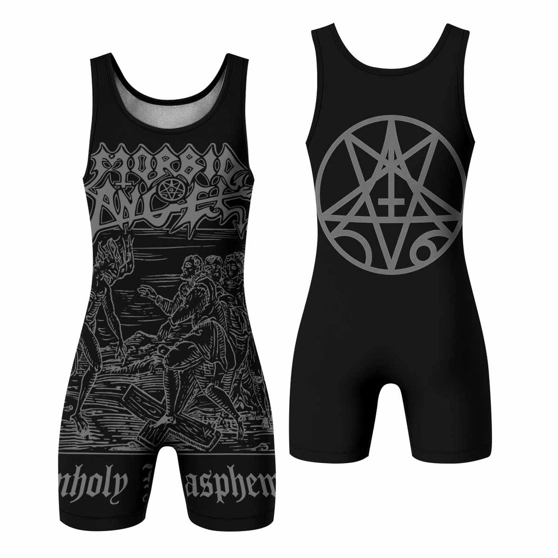 Morbid Angel Unholy Blasphemies Wrestling Singlet - front and back view