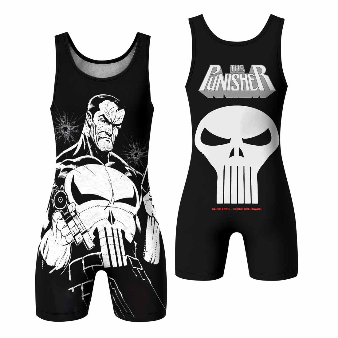 The Punisher Comic Frank Castle Wrestling Singlet - front and back view