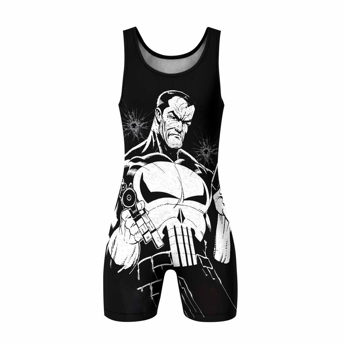 The Punisher Comic Frank Castle Wrestling Singlet - front and back view
