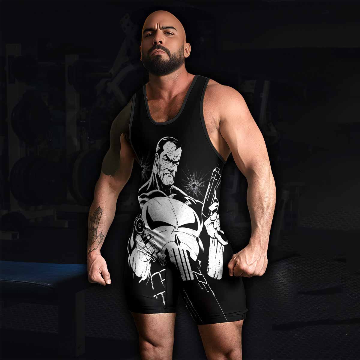 The Punisher Comic Frank Castle Wrestling Singlet - men's lifestyle view