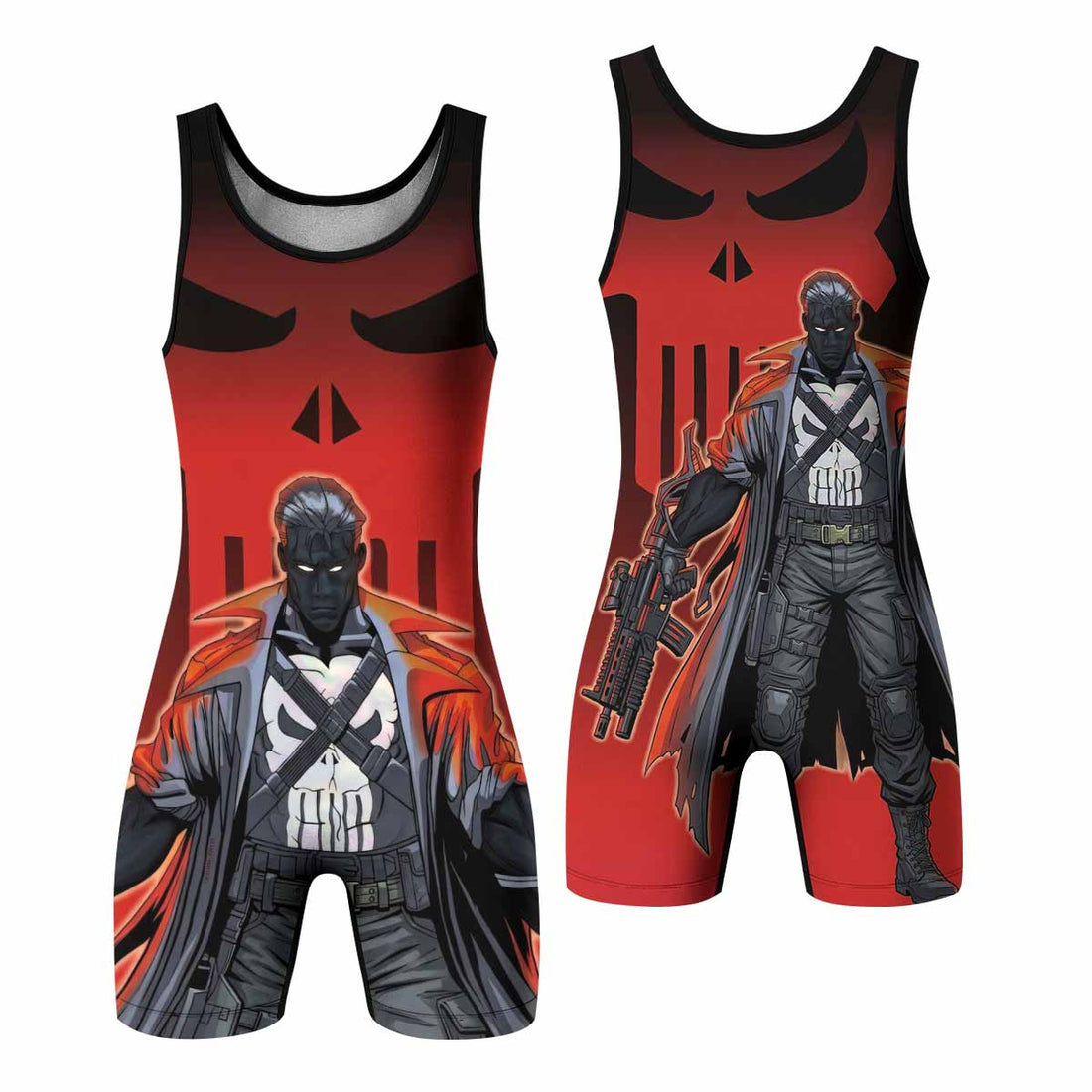 The Punisher Red Frank Castle Wrestling Singlet - front and back view