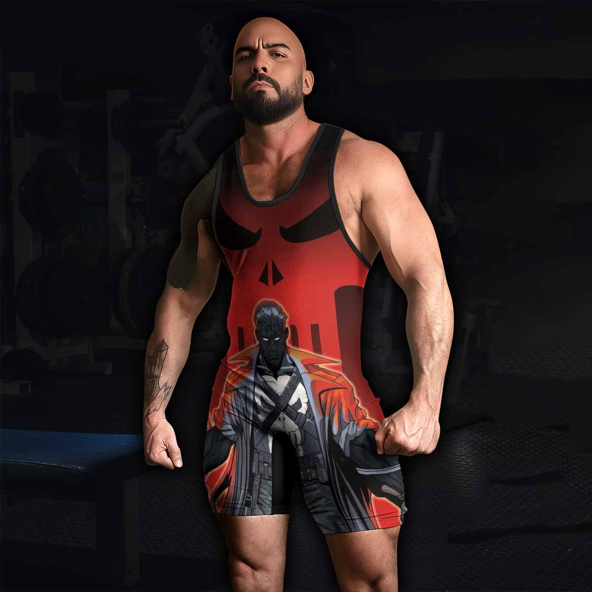 The Punisher Red Frank Castle Wrestling Singlet - men's lifestyle view