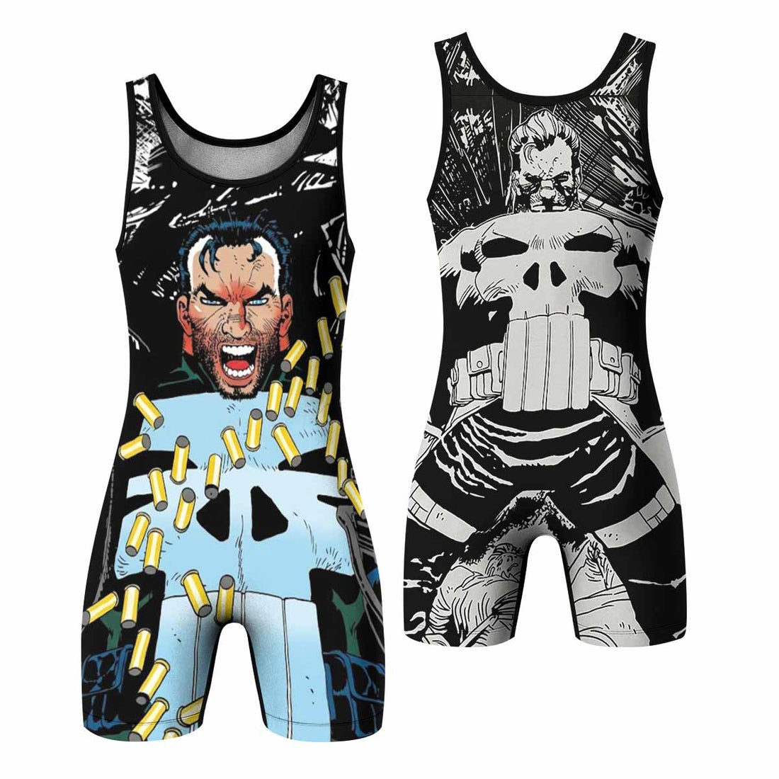 Punisher Bullet Storm Frank Castle Wrestling Singlet - front and back view