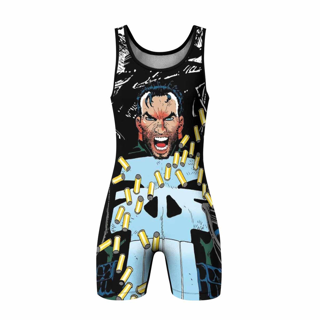 Punisher Bullet Storm Frank Castle Wrestling Singlet - front and back view
