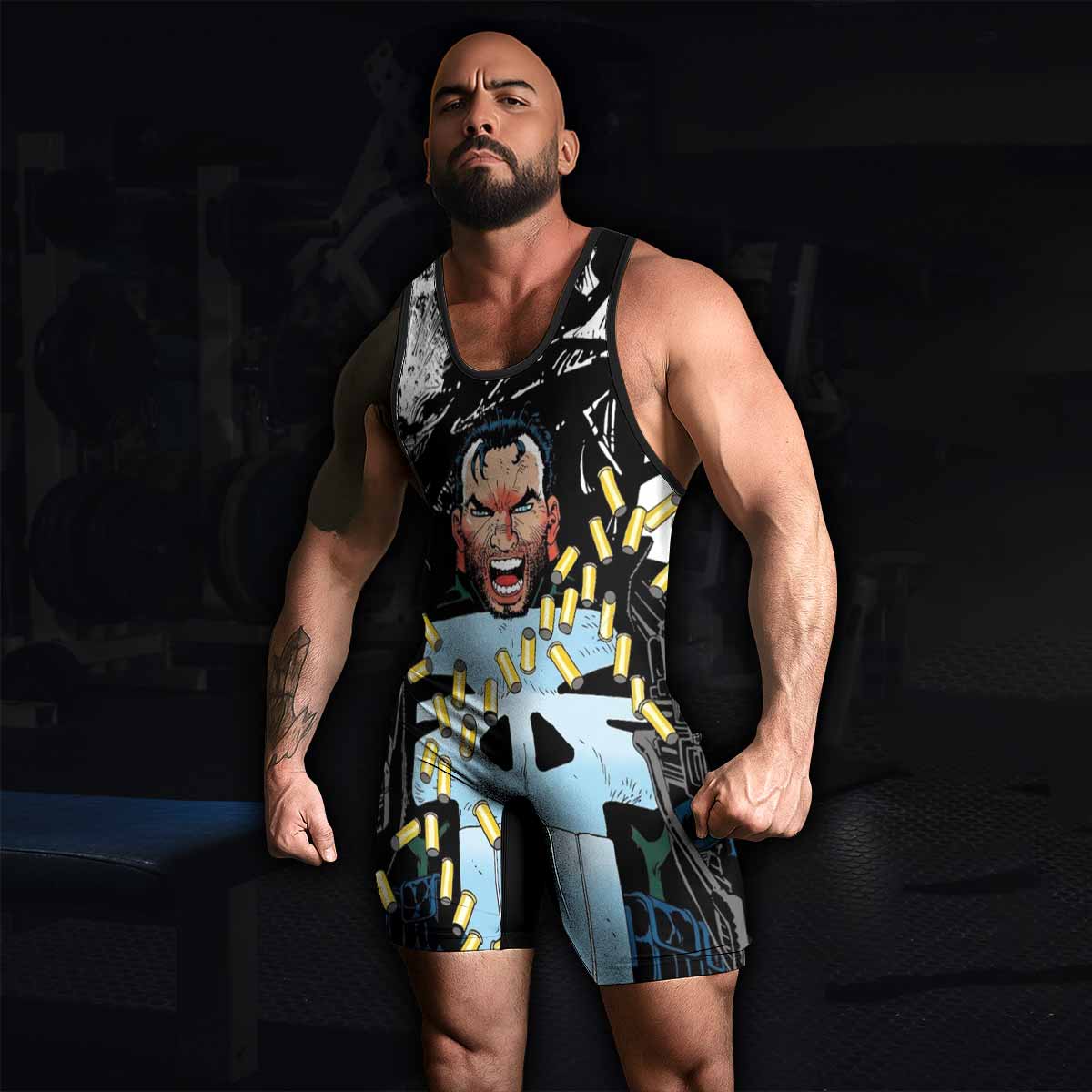 Punisher Bullet Storm Frank Castle Wrestling Singlet - men's lifestyle view